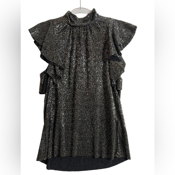 Sabina Musayev Black Ruffle Shoulder High Neck Diamond Shimmer Gold Top Size XS - Picture 2 of 6